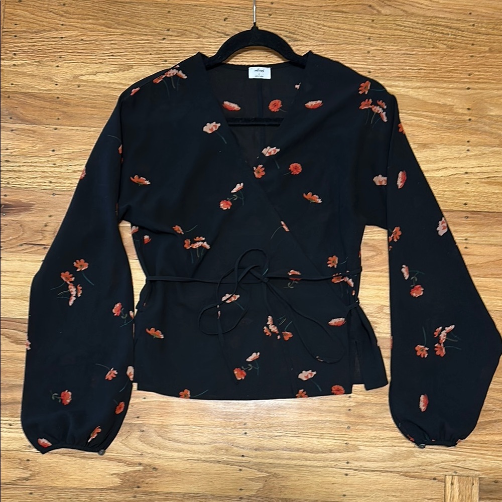 Aritzia Wilfred Black Floral Wrap Blouse